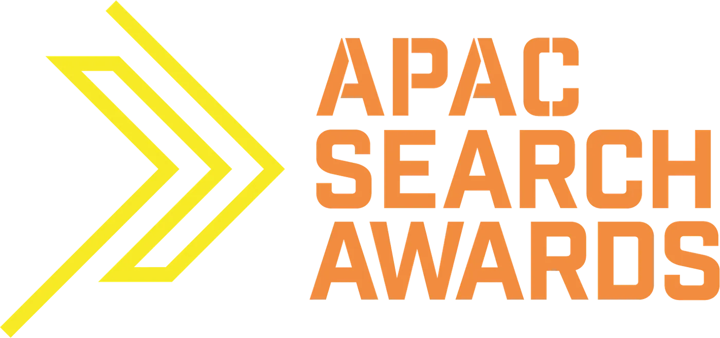 APAC Search Awards logo with bold orange text and a yellow double arrow pointing right.