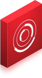 Red cube with concentric white circular design on one visible face.