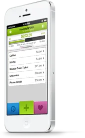 White smartphone displaying a budget tracking app with categories coffee, muffin, weekly train ticket, groceries, and phone credit.