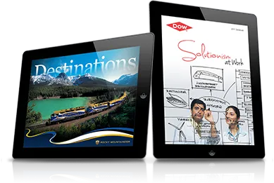 Two tablets displaying content: one shows a train traveling through mountains labeled 'Destinations', the other shows a whiteboard with sketches and the text 'Solutionism at Work' and the Dow logo.