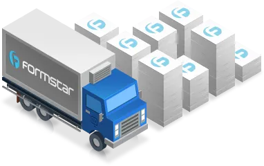Blue truck with Formstar logo on the side, parked next to multiple white boxes with the same logo.