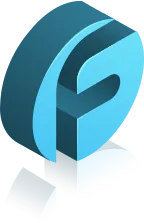Blue stylized letter F logo with a modern, curved design.