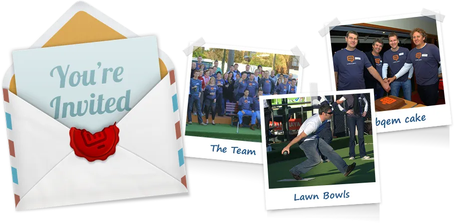 Invitation envelope with a card saying 'You're Invited' alongside three photos labeled 'The Team', 'Lawn Bowls', and 'bbqem cake' showing group activities and a cake.