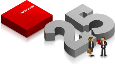 3D illustration of large grey numbers 2 and 5 with a red cube labeled 'redsquare' and two businesspeople exchanging a red cube.