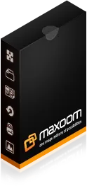 Maxoom logo in white and orange on a black box with icons representing email, cloud, and network services.