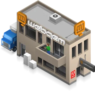 Isometric view of a modern two-story office building with Webaem signs, a person on the balcony, and a blue truck parked beside it.