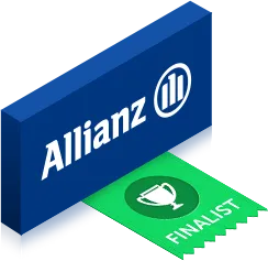 3D blue Allianz sign with a green card labeled FINALIST featuring a trophy icon.