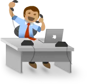 Cartoon of a smiling customer service representative wearing a headset, sitting at a desk with a laptop and phone.