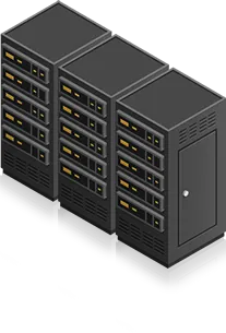 Three black server racks with multiple indicator lights in a data center.