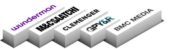 Five company names on angled white blocks: Wunderman, M&C Saatchi, Clemenger, GPY&R, and BMC Media.