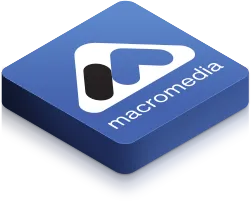 Macromedia software logo in white and black on a blue 3D square background.