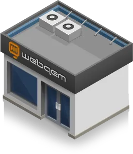 Isometric view of a small office building with Webaem logo and two rooftop air conditioning units.