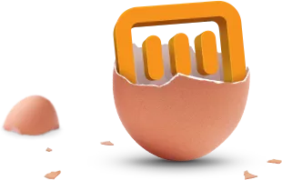 Orange bar chart icon emerging from a cracked brown eggshell.