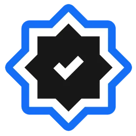 Black checkmark inside an eight-pointed star with white and blue outlines.