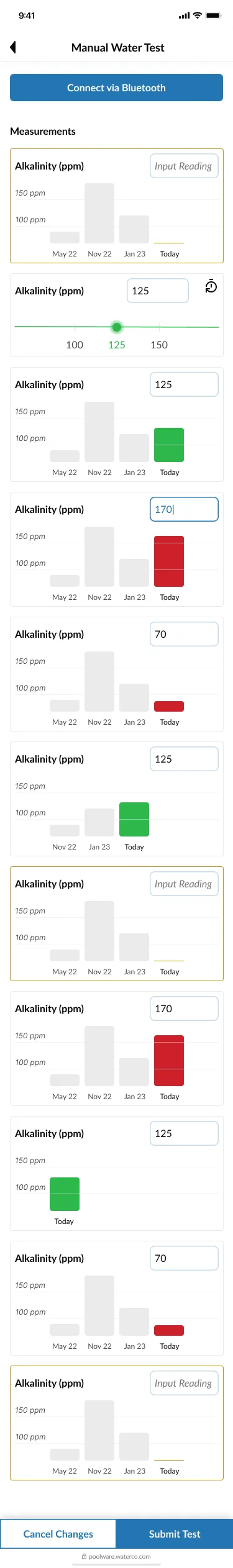 Mobile app screen showing manual water test for alkalinity with historical ppm bar graphs, current input values, and green and red status indicators.