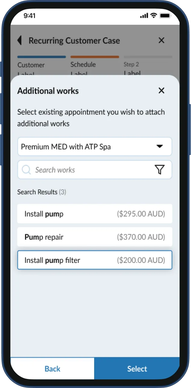 Mobile app screen showing additional works selection with options to install pump, pump repair, and install pump filter priced in Australian dollars.