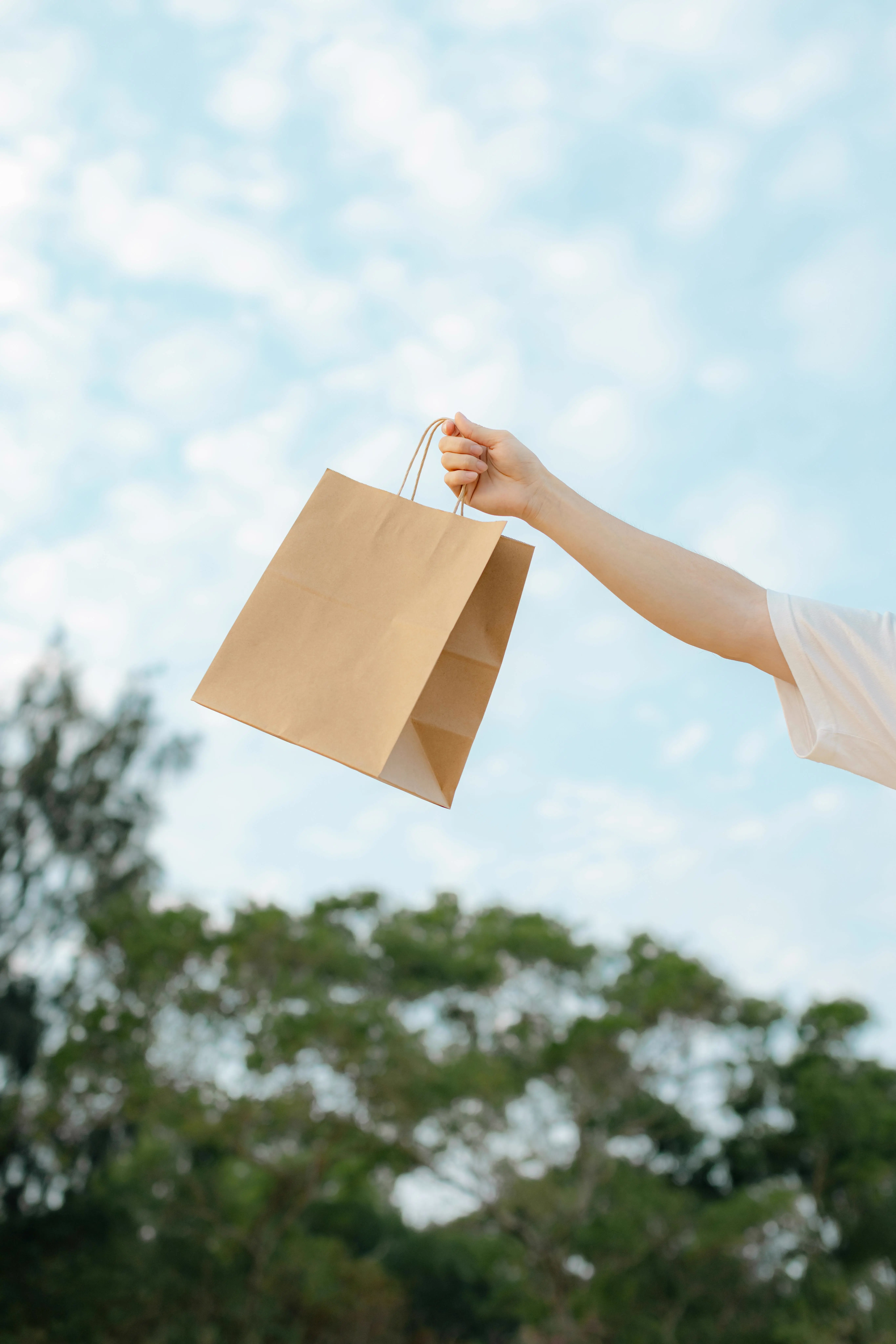 Paper bag against a backdrop of blue sky