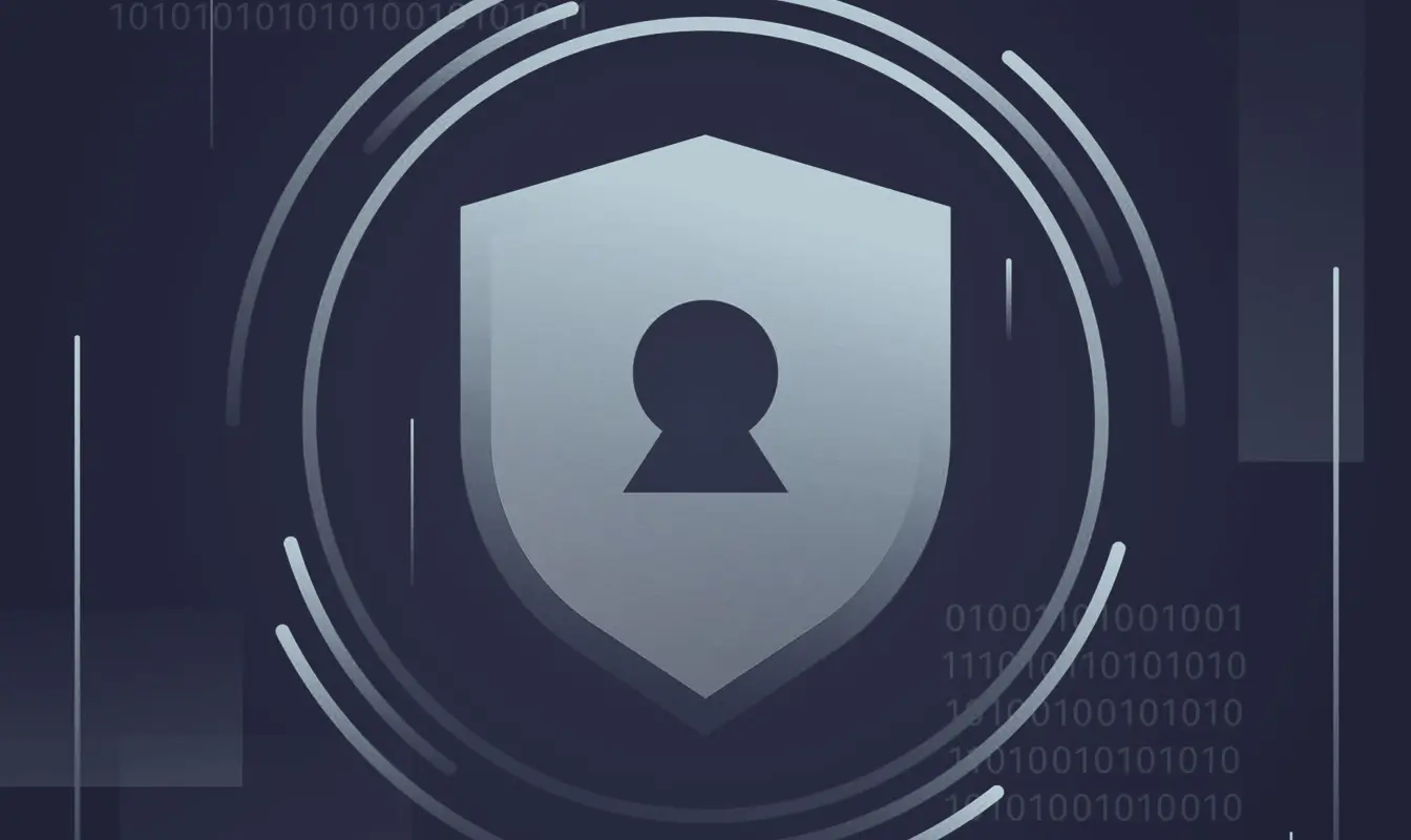 Gray shield with a keyhole in the center surrounded by circular digital lines and binary code on a dark blue background.