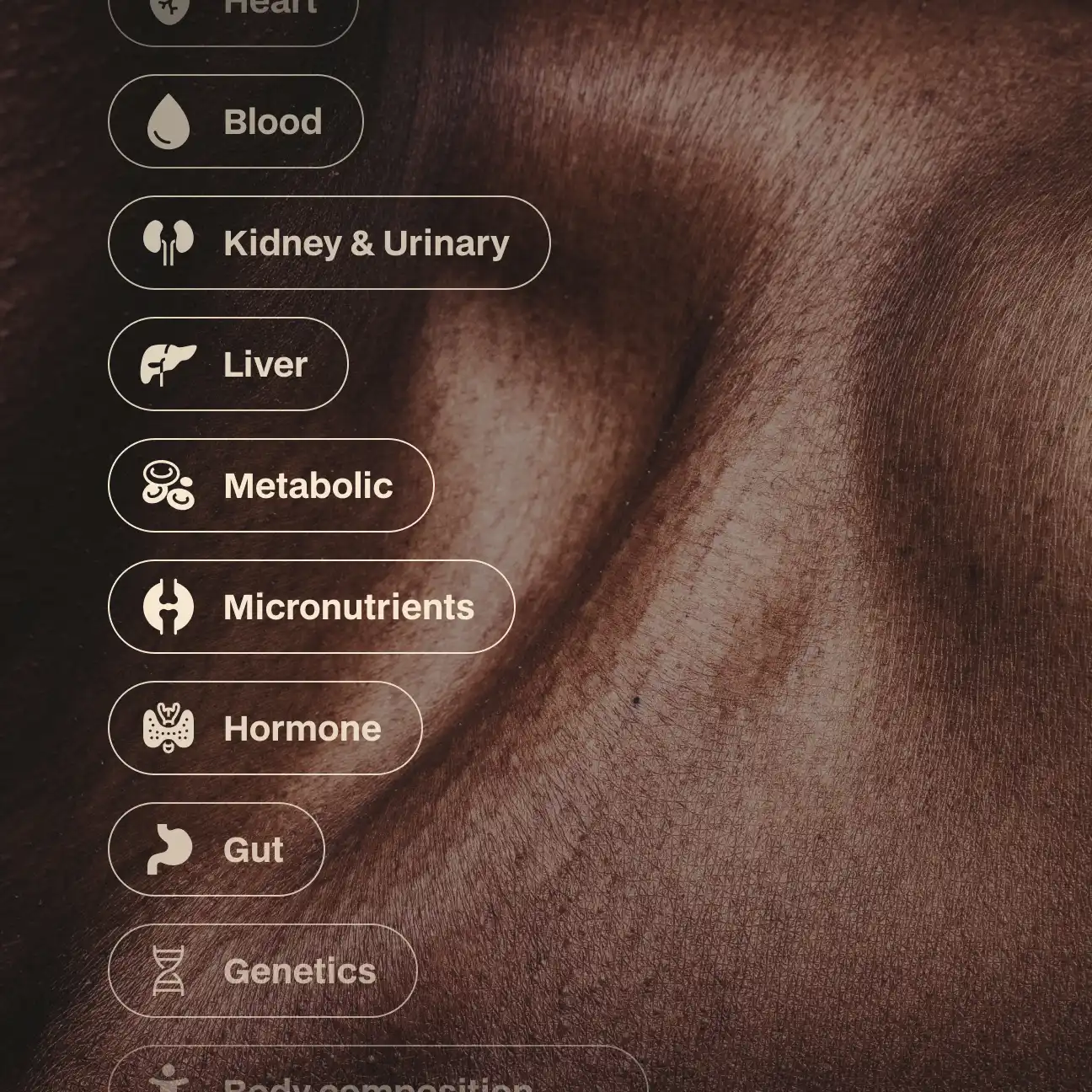 Close-up of a person's neck and chin with vertical text labels of health categories including Heart, Blood, Kidney & Urinary, Liver, Metabolic, Micronutrients, Hormone, Gut, and Genetics alongside icons.