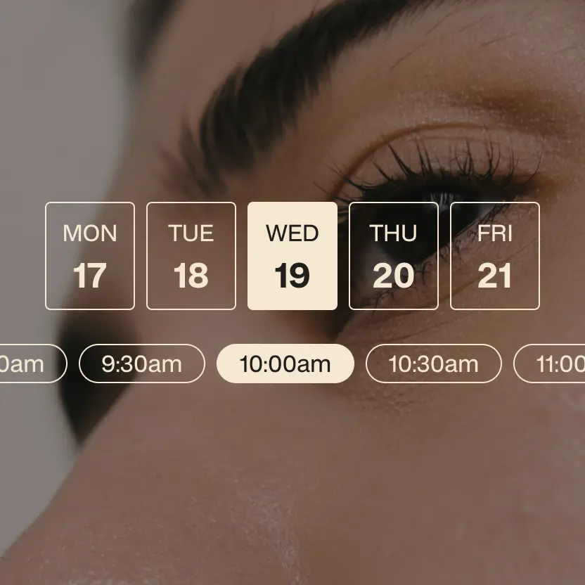 Close-up of a person's eye with an overlay of a weekly calendar highlighting Wednesday the 19th and the time 10:00 am.
