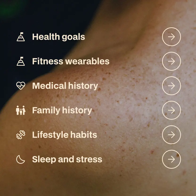List with icons and text: Health goals, Fitness wearables, Medical history, Family history, Lifestyle habits, Sleep and stress, each followed by a right arrow.