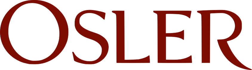 Osler logo in dark red serif font