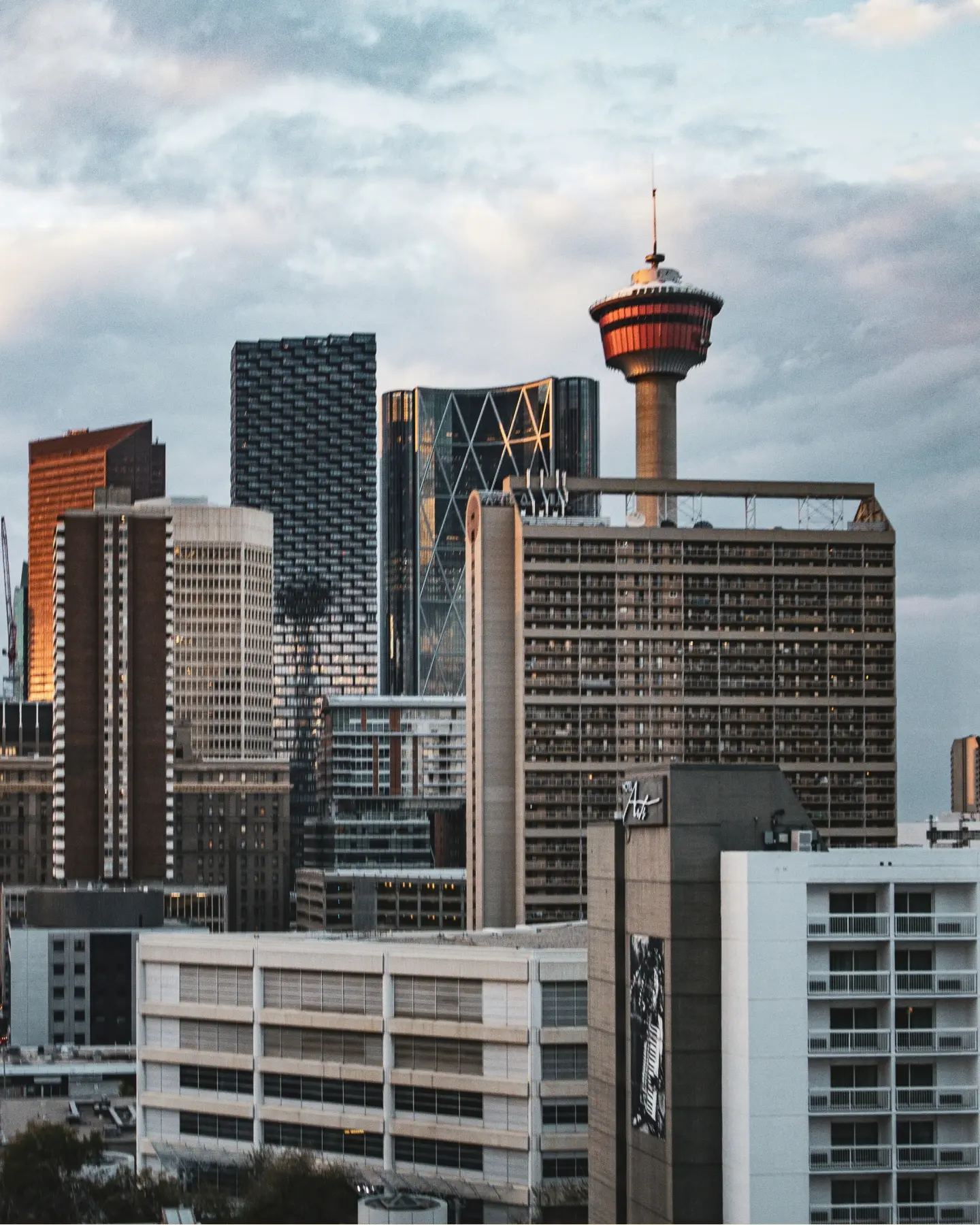 Downtown Calgary office towers and the Calgary Tower at sunset