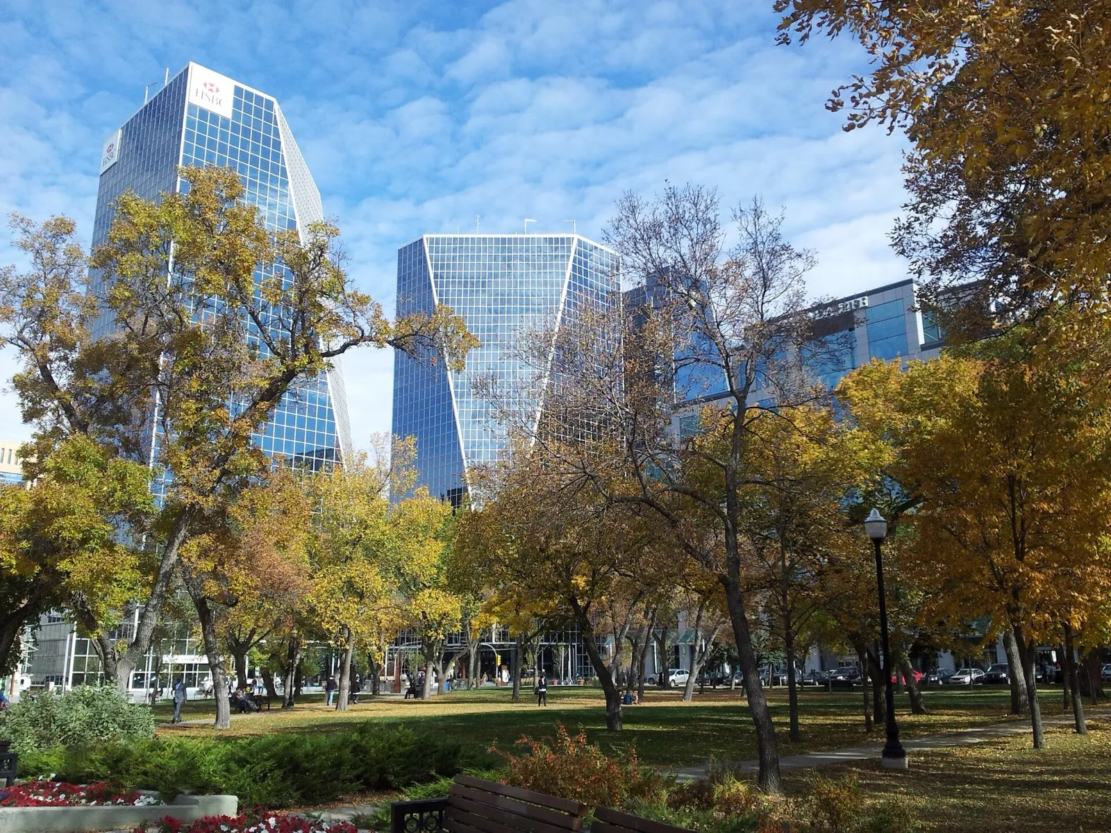 Downtown Regina office towers seen through autumn trees in Victoria Park