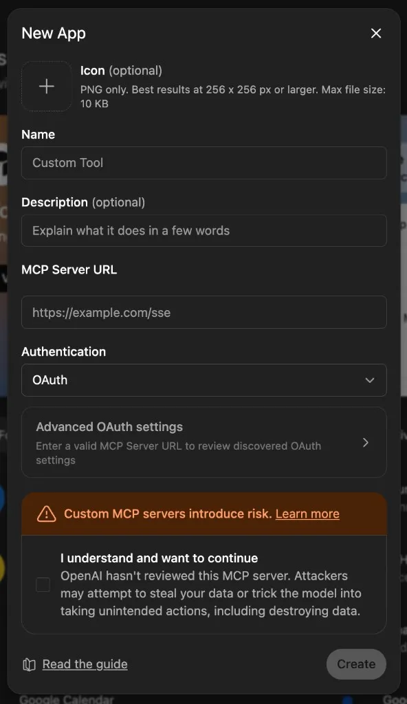 ChatGPT New App dialog with NiaHealth configuration