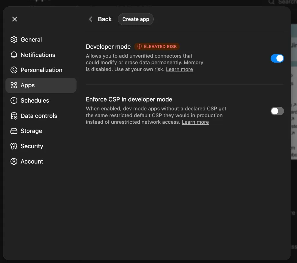 ChatGPT Developer mode toggle in Advanced settings