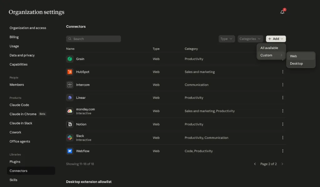 Claude organization settings showing the Connectors page