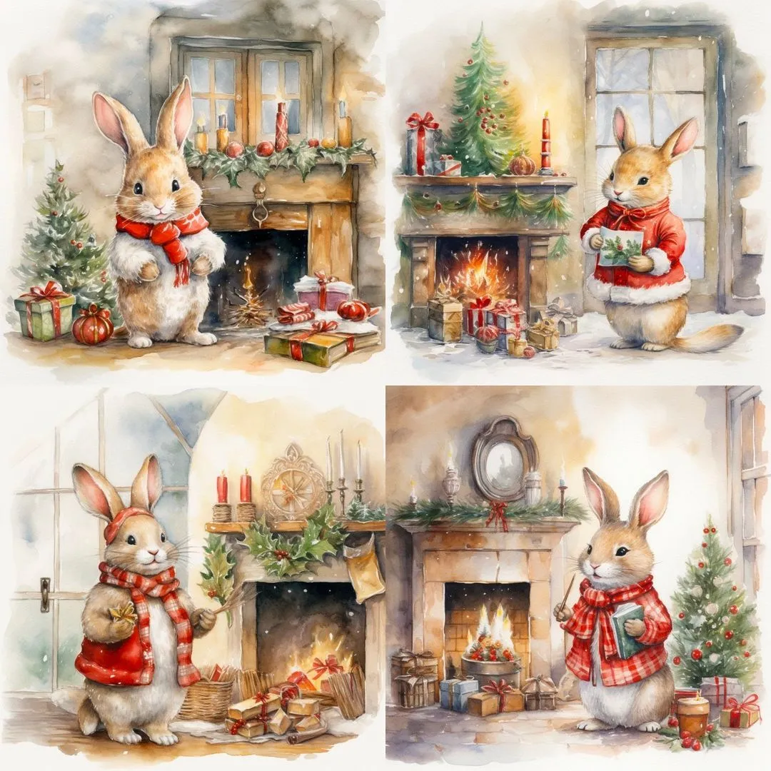 Christmas season, rabbit in Santa costume, Christmas tree and fireplace in the background, pencil drawing and watercolor technique