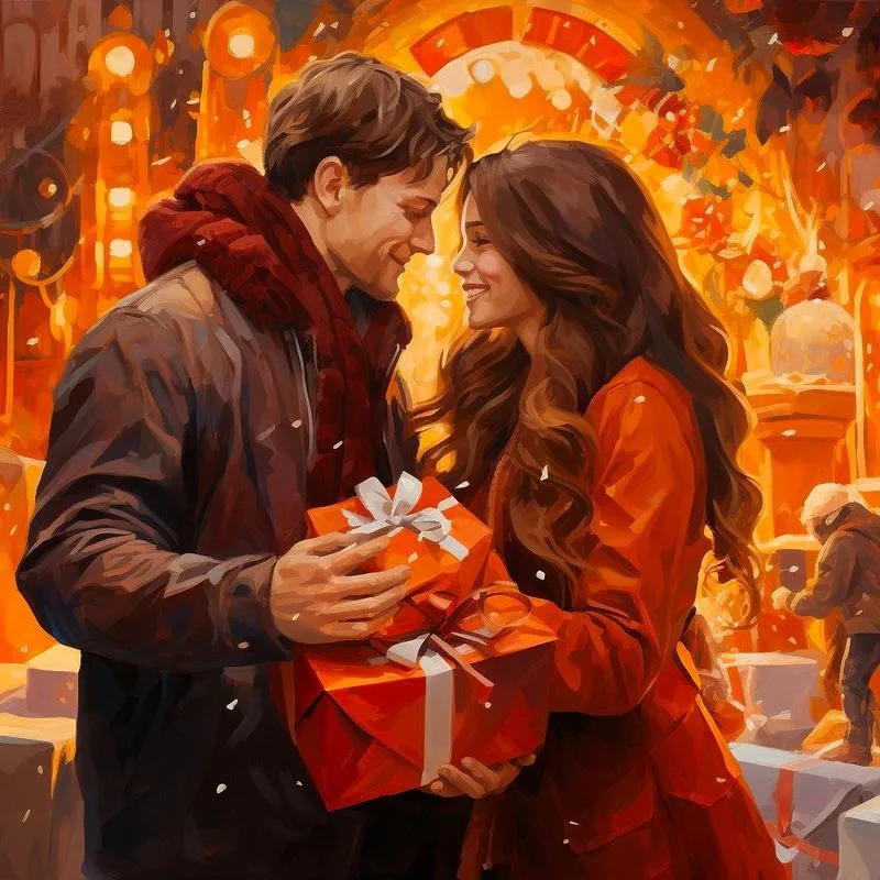 Warm colors, oil painting style, and lovers exchanging gifts on Christmas
