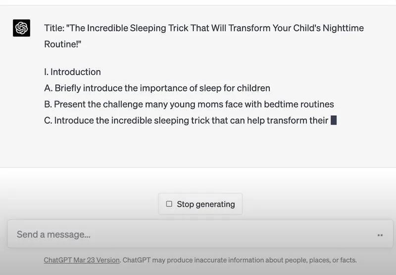 Prompt: “Now create an outline for an article: ‘The Incredible Sleeping Trick That Will Transform Your Child’s Nightmare Routine!’ Write it as a professional childcare expert and write it for young moms.” (Source: Wes McDowell YouTube)