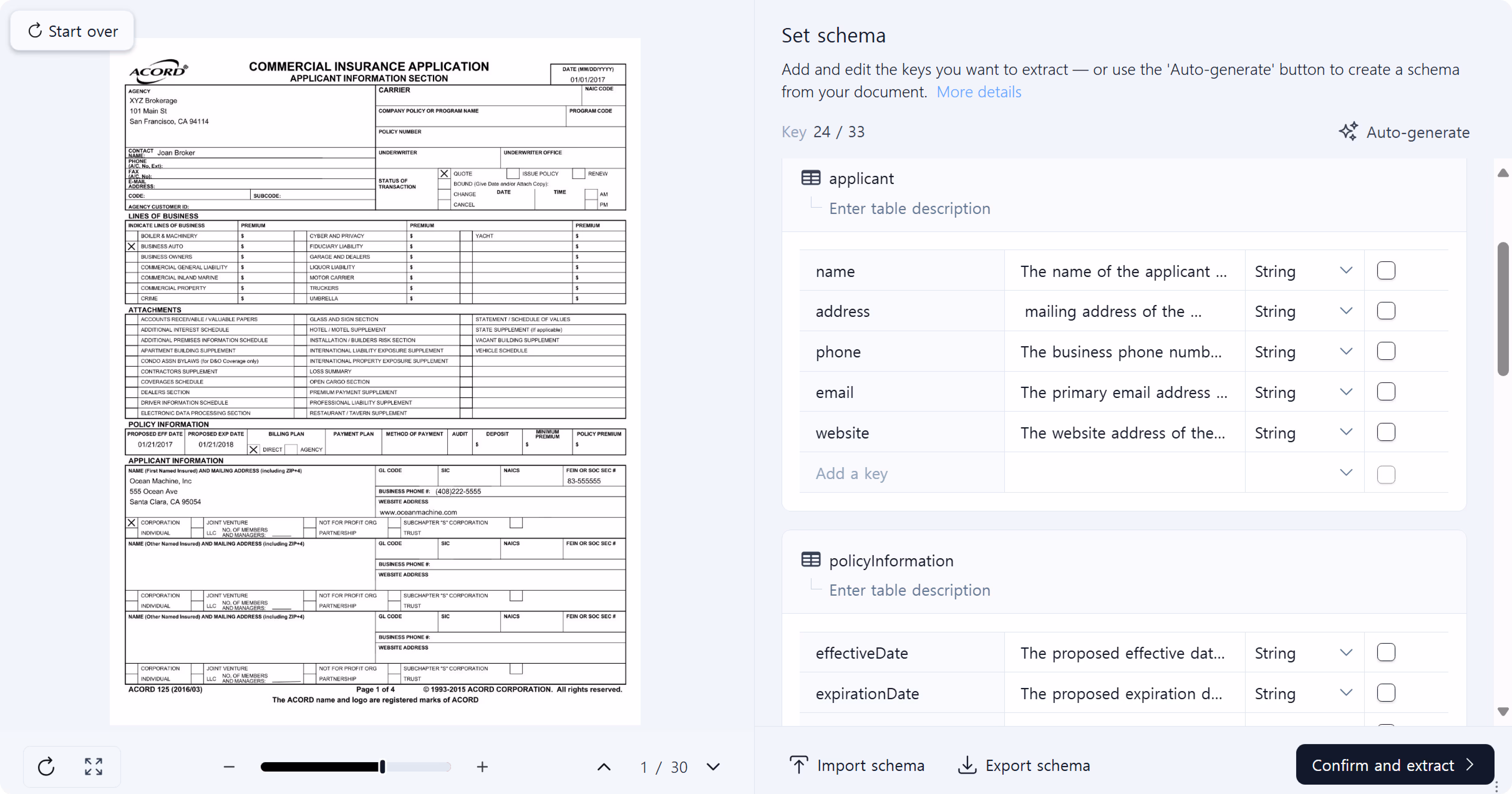 Schema editor showing applicant, policy information, coverage, and vehicle VIN fields for an ACORD auto submission