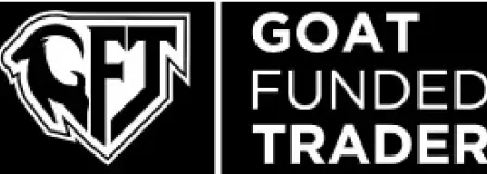 Logo with stylized goat head and letters FT, next to the text GOAT FUNDED TRADER in bold white on black background.