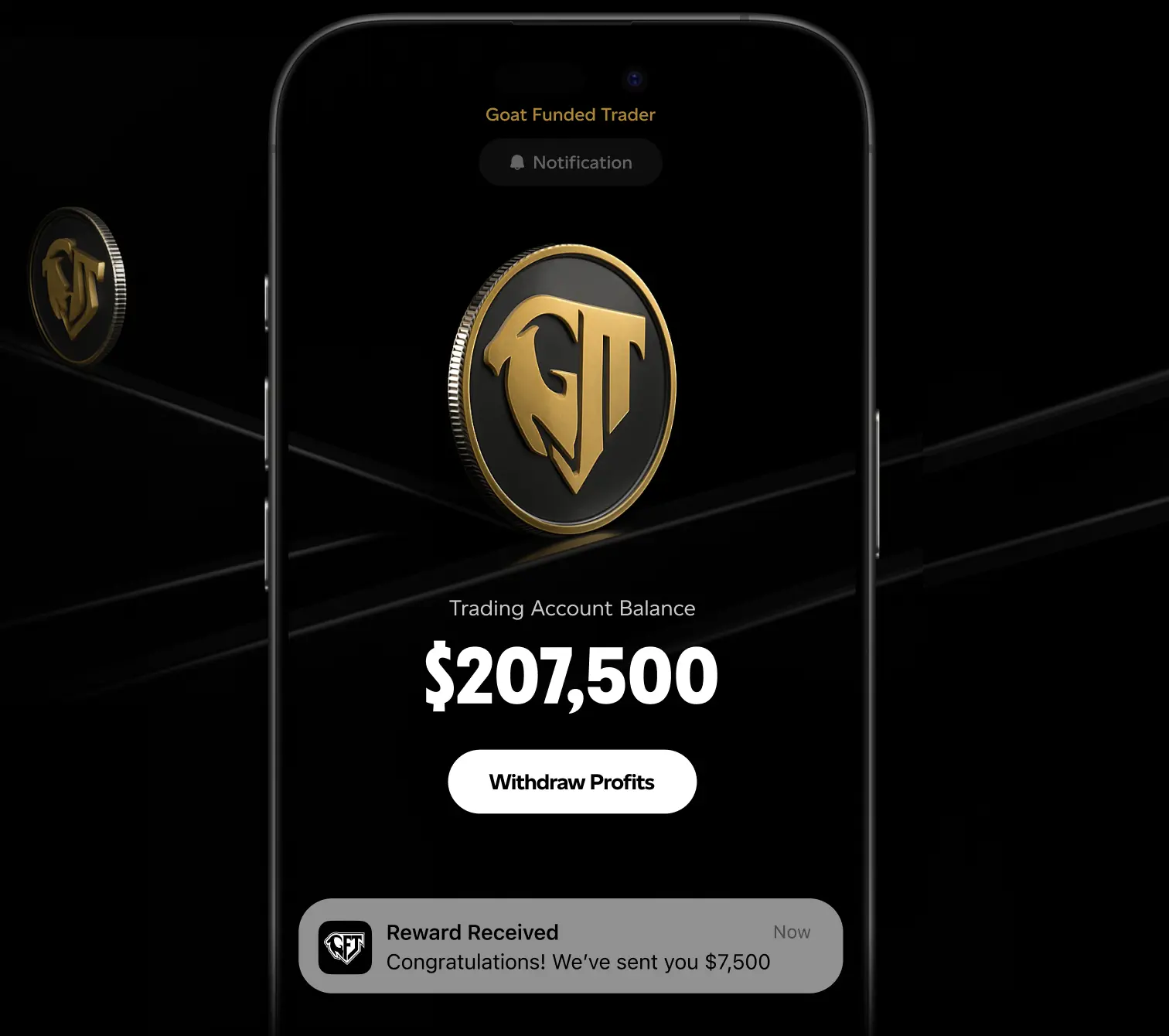 Smartphone screen showing a trading app with a balance of $207,500 and a notification of $7,500 reward received.