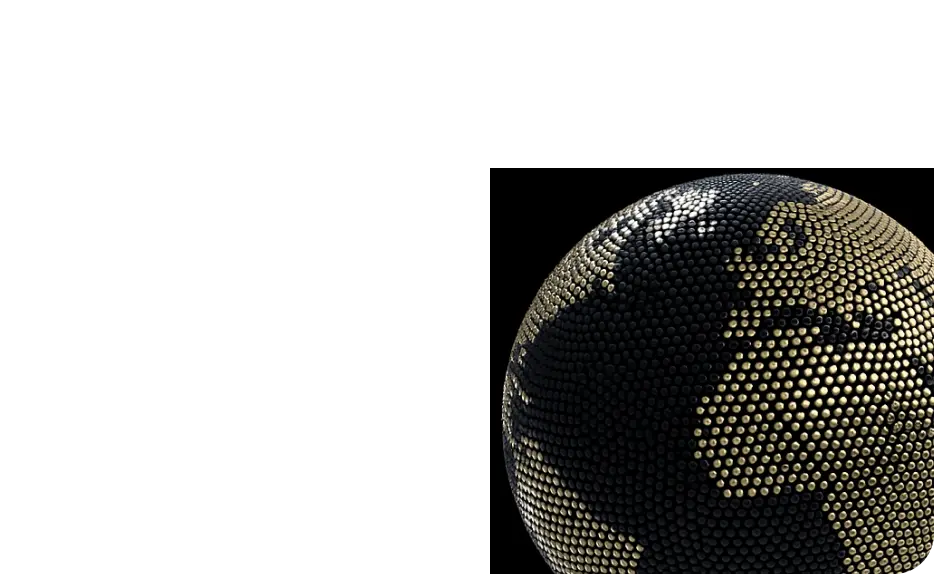 Dark globe with continents formed by illuminated circular dots against black background.