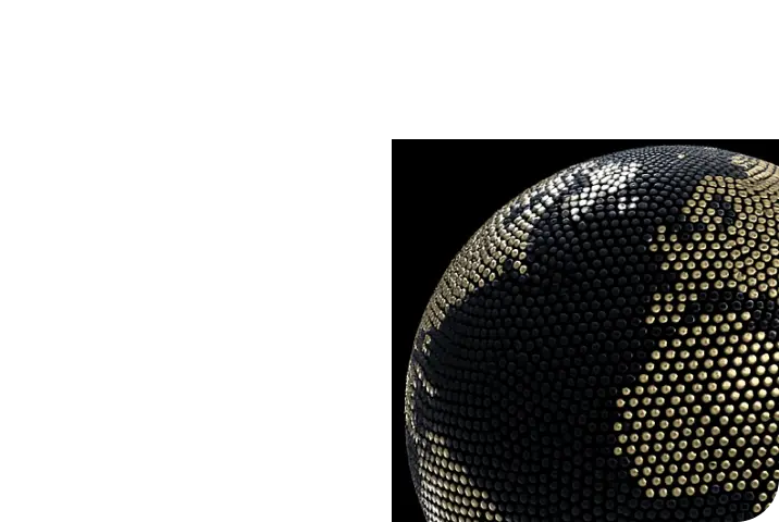 Globe made of black and gold spheres against a black background, highlighting continents including South America and Africa.