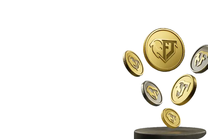 Gold and silver coins with a stylized shield emblem floating above a circular platform.