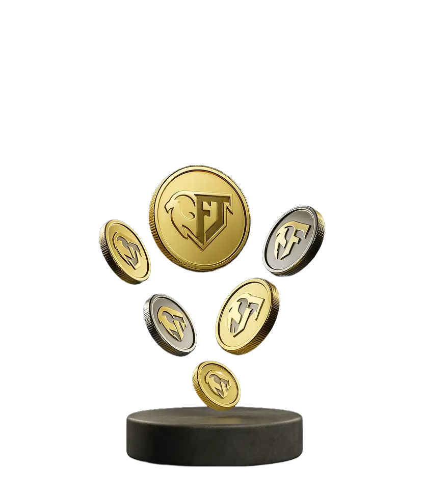 Gold and silver coins with a stylized eagle and letters 'FT' floating above a round black pedestal.