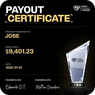 Payout certificate from Goat Funded Trader awarded to Jose, showing profit split of $9,401.23 dated 2021-01-01, signed by Eduardo D.T. and Matteo Desideri.