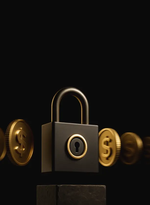 Black padlock with gold accents surrounded by floating gold coins with dollar signs on a black background.