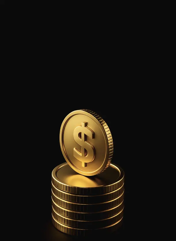 Stack of shiny gold coins with one coin upright displaying a dollar sign on a black background.