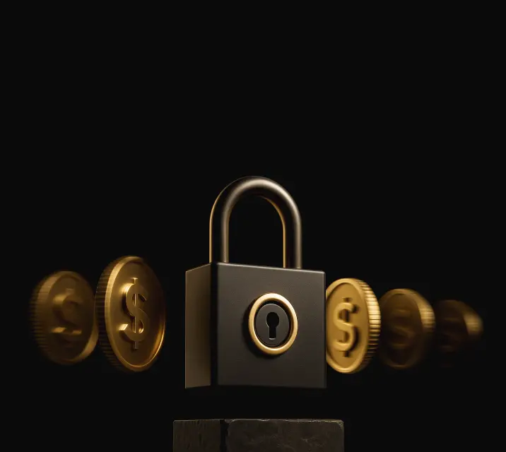 Black padlock centered with golden dollar coins blurred on either side against a black background.