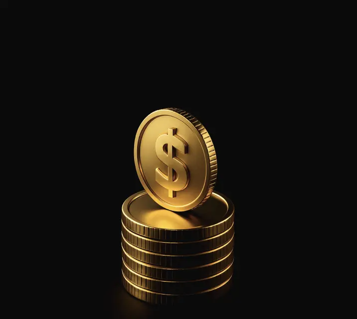 Stack of shiny gold coins with a large coin featuring a dollar sign standing upright on top.