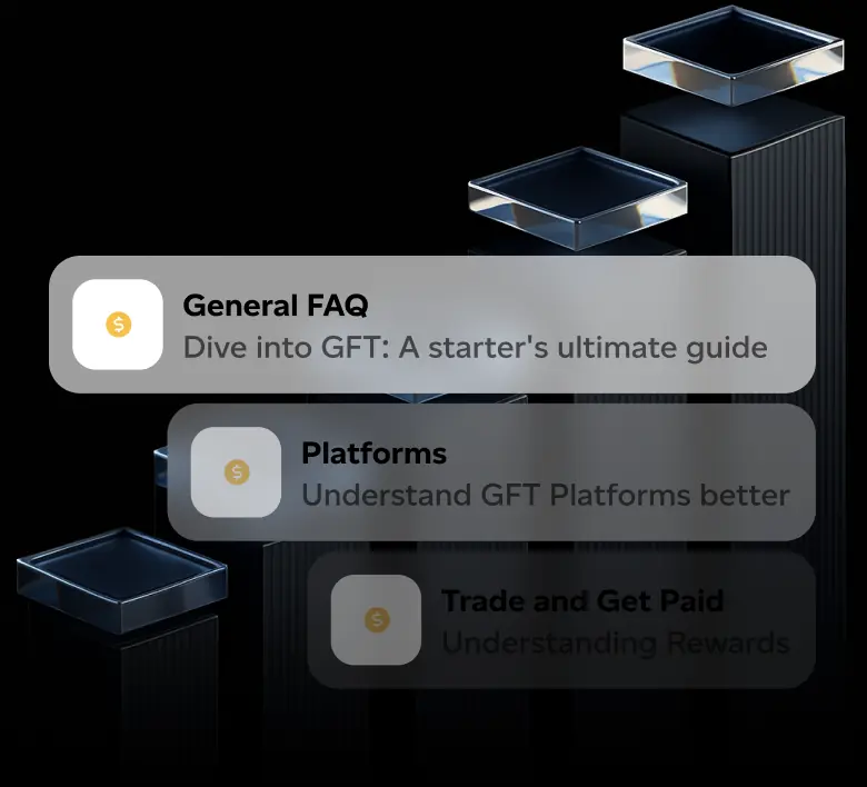 Dark abstract background with three floating translucent cubes and overlay boxes labeled General FAQ, Platforms, and Trade and Get Paid with brief descriptions.