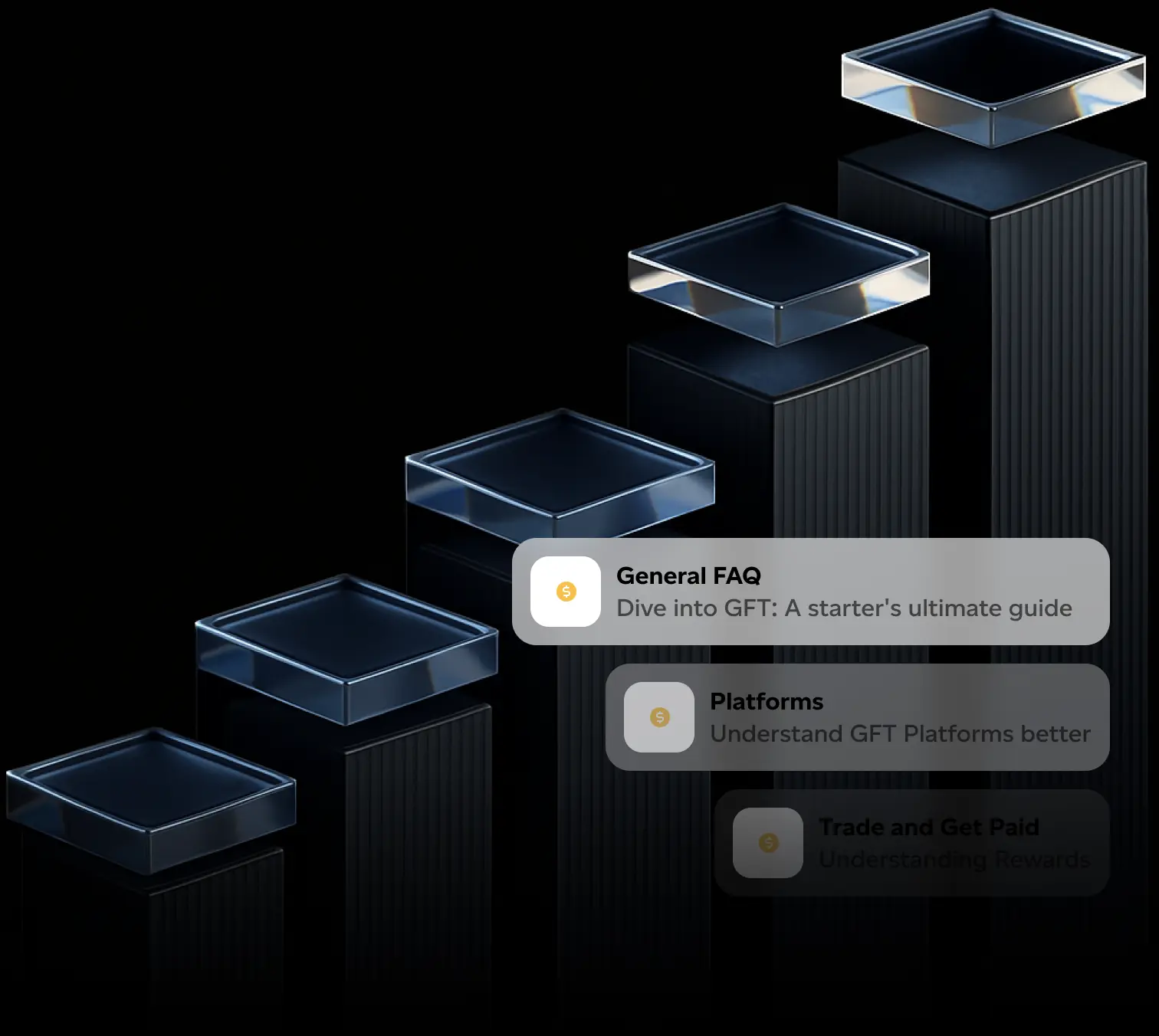 Black ascending bar chart with glossy, transparent square tops and overlay text boxes titled General FAQ, Platforms, and Trade and Get Paid.