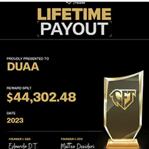 Lifetime Payout award presented to Duaa with reward amount $44,302.48, dated 2023, featuring a gold and black trophy.