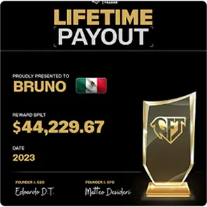 Lifetime Payout award showing $44,229.67 presented to Bruno with a Mexican flag, dated 2023, with signatures of founders Eduardo D.T. and Matteo Devideiri.